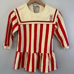 Girls Bebe De Pino Red Striped Dress Size 120 (5-6)